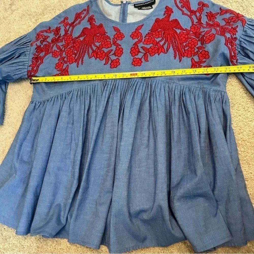 Anthropologie Hemant & Nandita Women's blue red Embroidered Lianna Top Blouse S - Picture 13 of 14